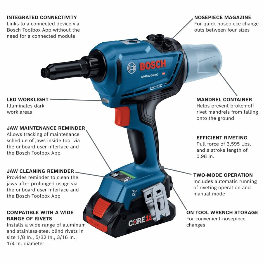 Bosch 18V GRG18V-3600CB24 Brushless Connected Rivet Tool Kit with (2) CORE18V® 4 Ah Advanced Power Batteries