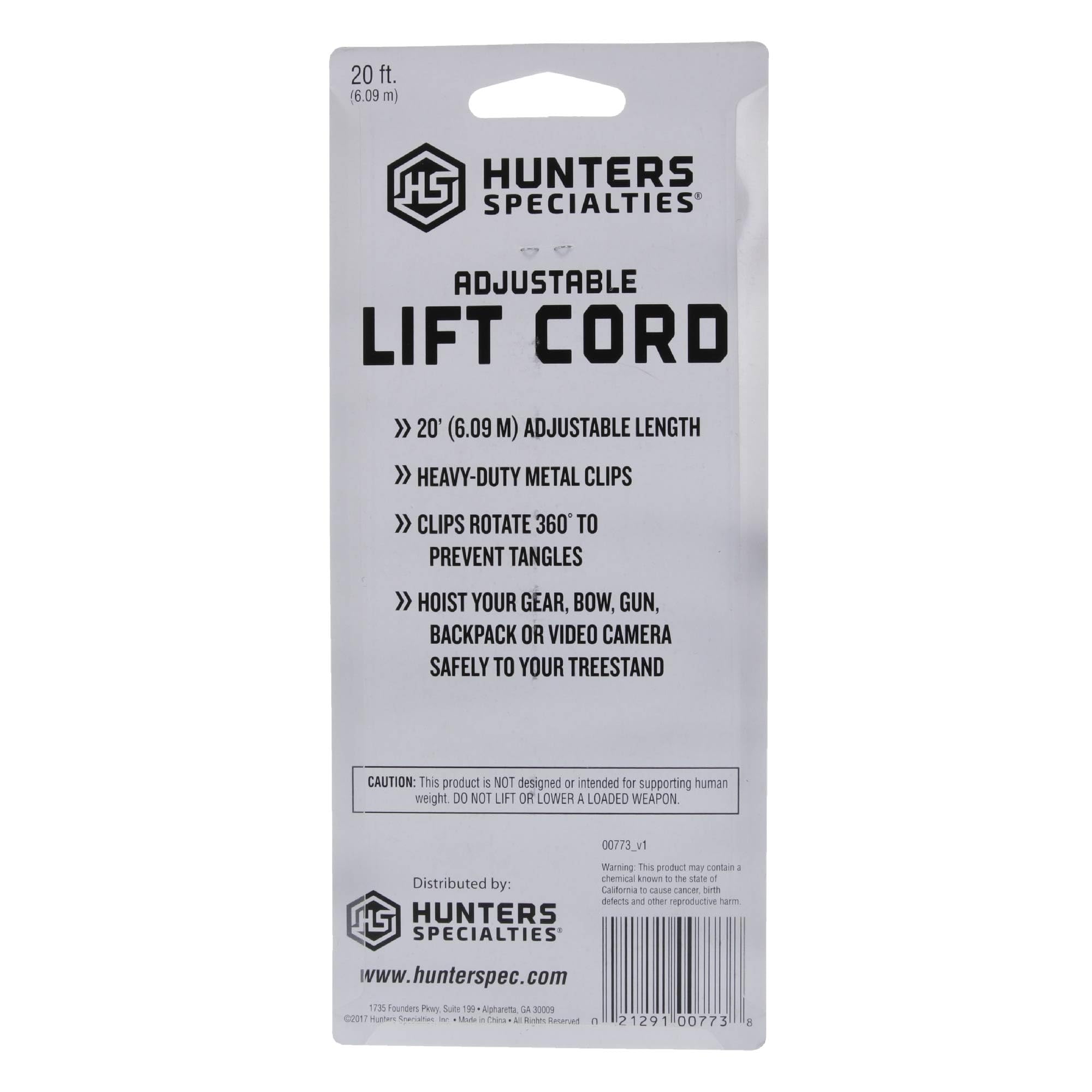 Adjustable Hunters Specialties Lift Cord - Hunting 20-Foot Rope w/Convenient Heavy-Duty Metal Clips