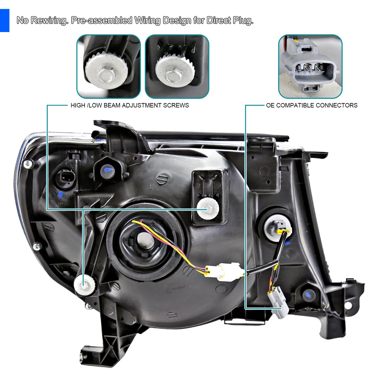 Chrome Headlights w/LED Tube SPEC-D TUNING Compatible with 2005-2011 Toyota Tacoma, Left + Right Pair Headlamps Assembly