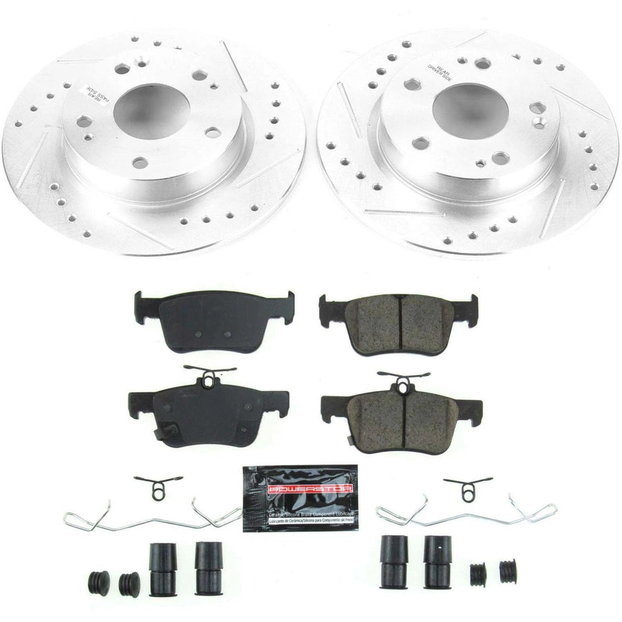 Power Stop K8330 Z23 Carbon Fiber Brake Pads with Drilled & Slotted Brake Rotors Kit For Honda Civic 2020-2022, Honda Insight 2019-2022 [Model Specific]