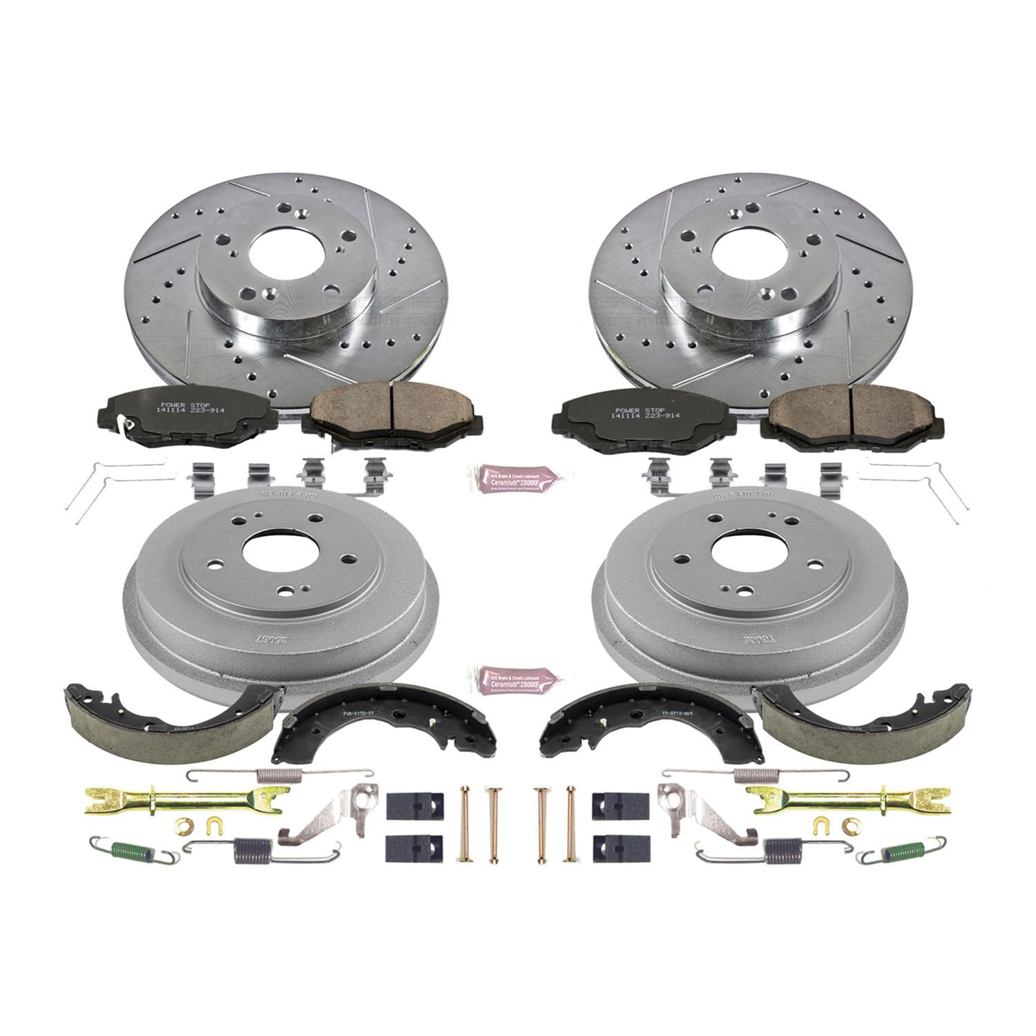 Power Stop K15107DK Z23 Carbon Fiber Brake Pads Front and Rear with Drilled & Slotted Brake Drums Kit For Honda Accord 2003-2007 [Model Specific]