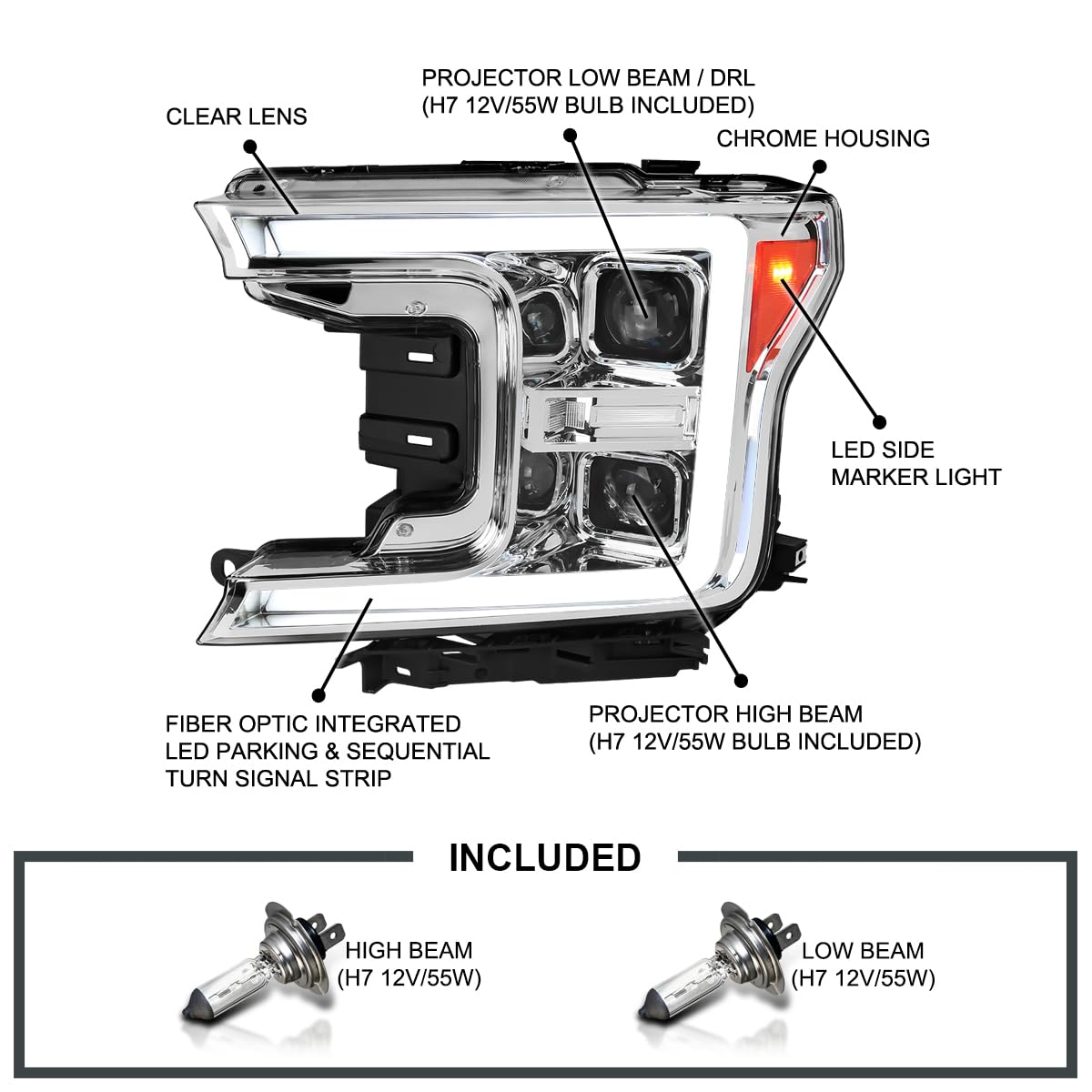 Chrome Sequential Switchback Projector Headlights SPEC-D TUNING w/LED Light Bar Compatible with 2018-2020 Ford F-150, Left + Right Pair Headlamps Assembly