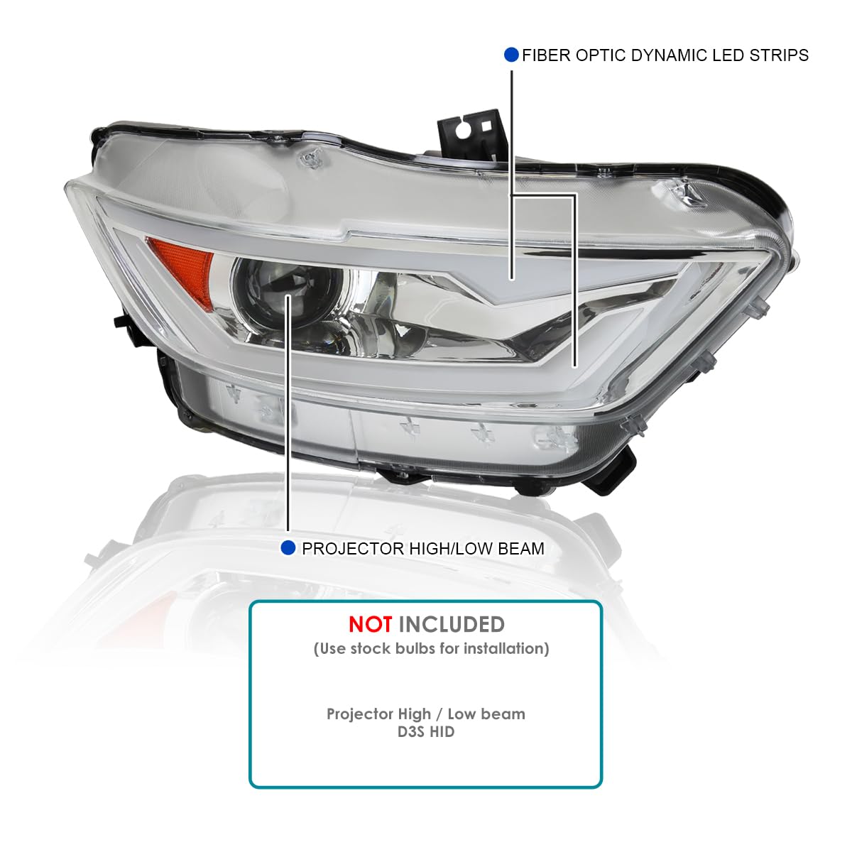 Chrome Projector Headlights SPEC-D TUNING w/LED Bar and Startup Animation Compatible with 2015-2017 Ford Mustang, 2018-2020 Ford Mustang Shelby, Left + Right Pair Headlamps Assembly