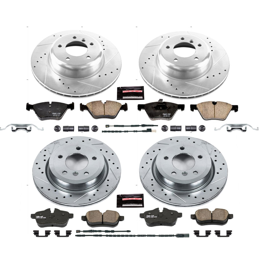 Power Stop K6417 Z23 Carbon Fiber Brake Pads Front and Rear with Drilled & Slotted Brake Rotors Kit For BMW Z4 2010-2016 [Model Specific]
