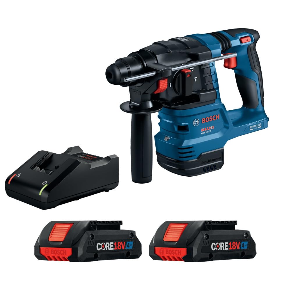 Bosch 18V GBH18V-22K24 Brushless SDS-plus® Bulldog™ ¾ In. Rotary Hammer Kit with (2) CORE18V® 4 Ah Advanced Power Batteries