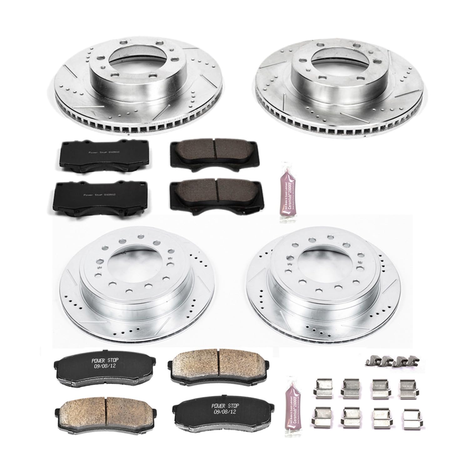 Power Stop K5805 Z23 Carbon Fiber Brake Pads Front and Rear with Drilled & Slotted Brake Rotors Kit For Toyota FJ Cruiser 2010-2014 [Model Specific]