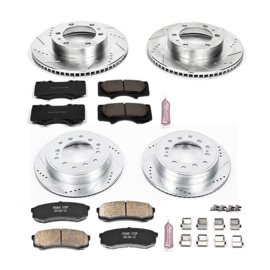 Power Stop K5805 Z23 Carbon Fiber Brake Pads Front and Rear with Drilled & Slotted Brake Rotors Kit For Toyota FJ Cruiser 2010-2014 [Model Specific]