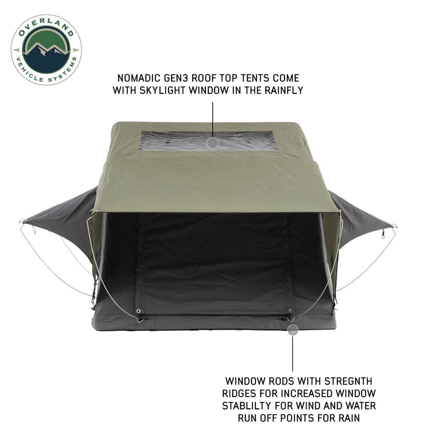 Overland Vehicle Systems Nomadic 3 Standard Soft Shell Roof Top Tent - Dark Gray Base with Green Rain Fly & Black 1000G PVC Travel Cover - Black Aluminum Base