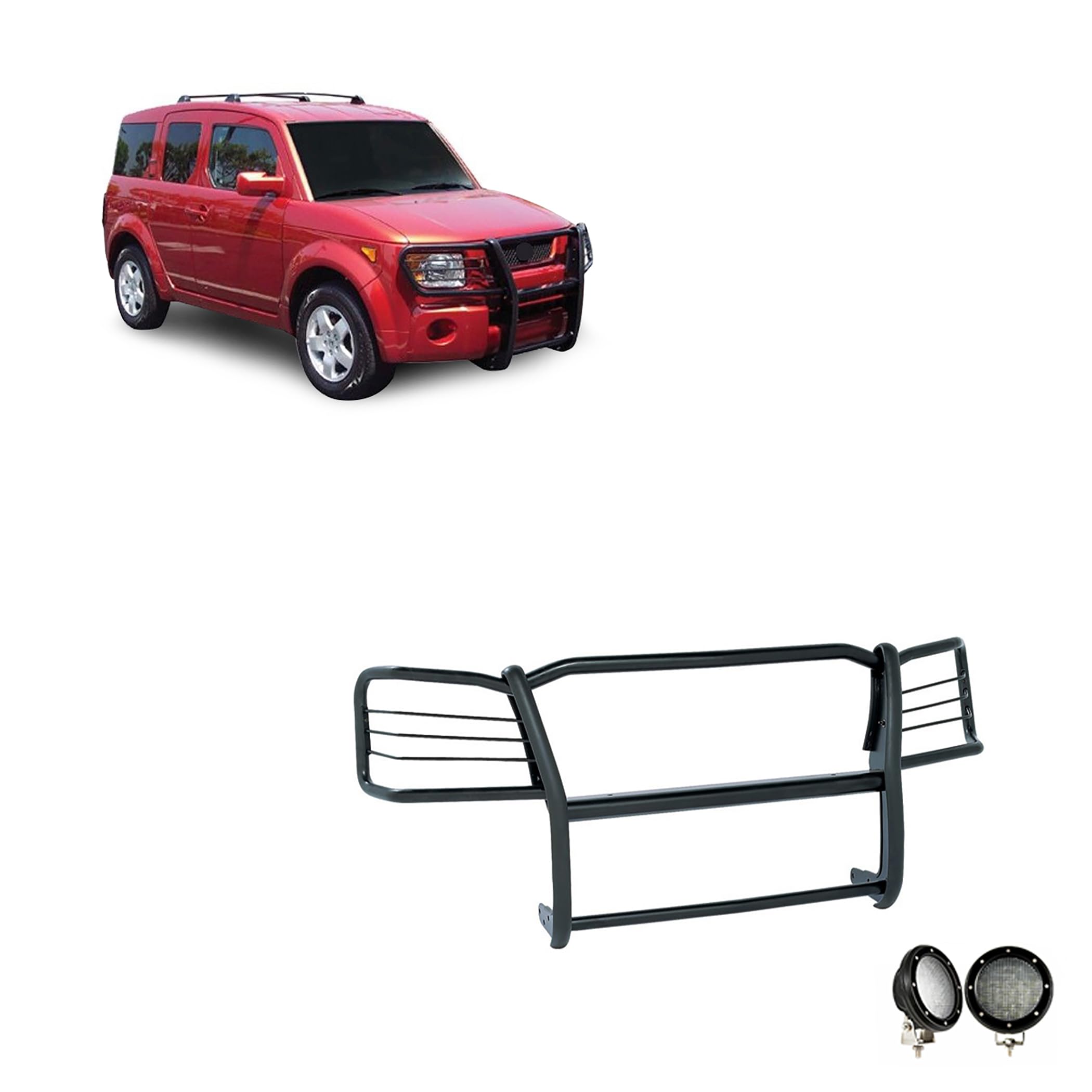 Bumper Guard Black Horse Grille Brush Modular Black Come with Pair of 5.3" Dia.LED Lights with Black Trim Rings Compatible with 2003-2008 Honda Element-17A155900MA-PLFB
