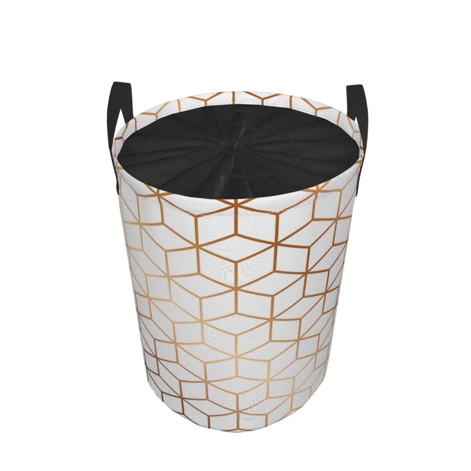 Marble Texture Large Storage Baskets, Pattern Design With Golden Cubes, Geometric, Drawstring Waterproof Round Collapsible Laundry Hamper for Dirty Clothes Toy Home Office 21.6"X16.5"