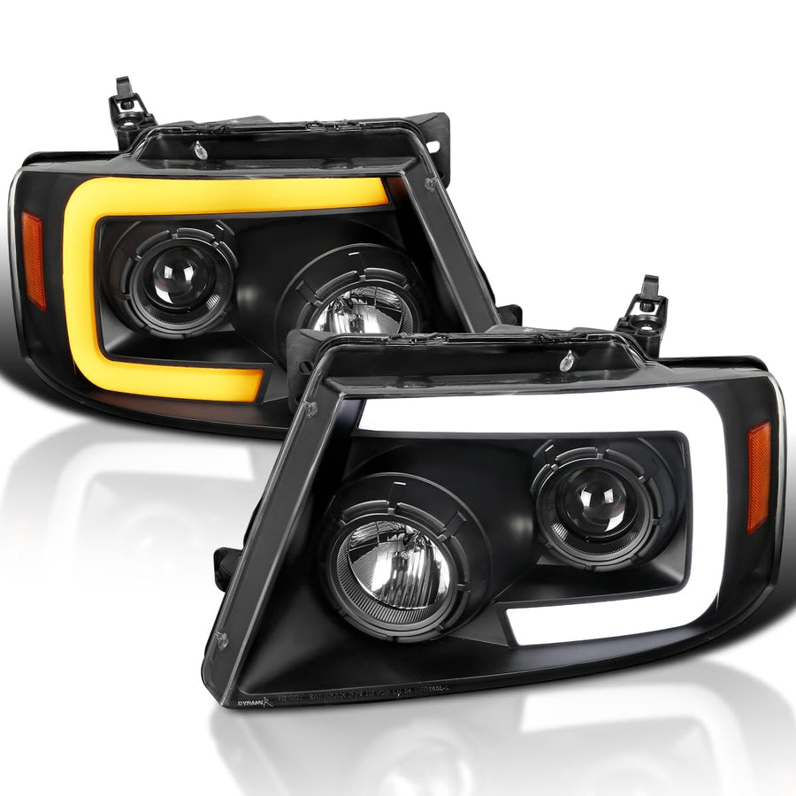 Black Projector Headlights SPEC-D TUNING w/Switchback Sequential Signal LED Tube Compatible with 2004-2008 Ford F150 2006-2008 Lincoln Mark LT, Left + Right Pair Headlamps Assembly