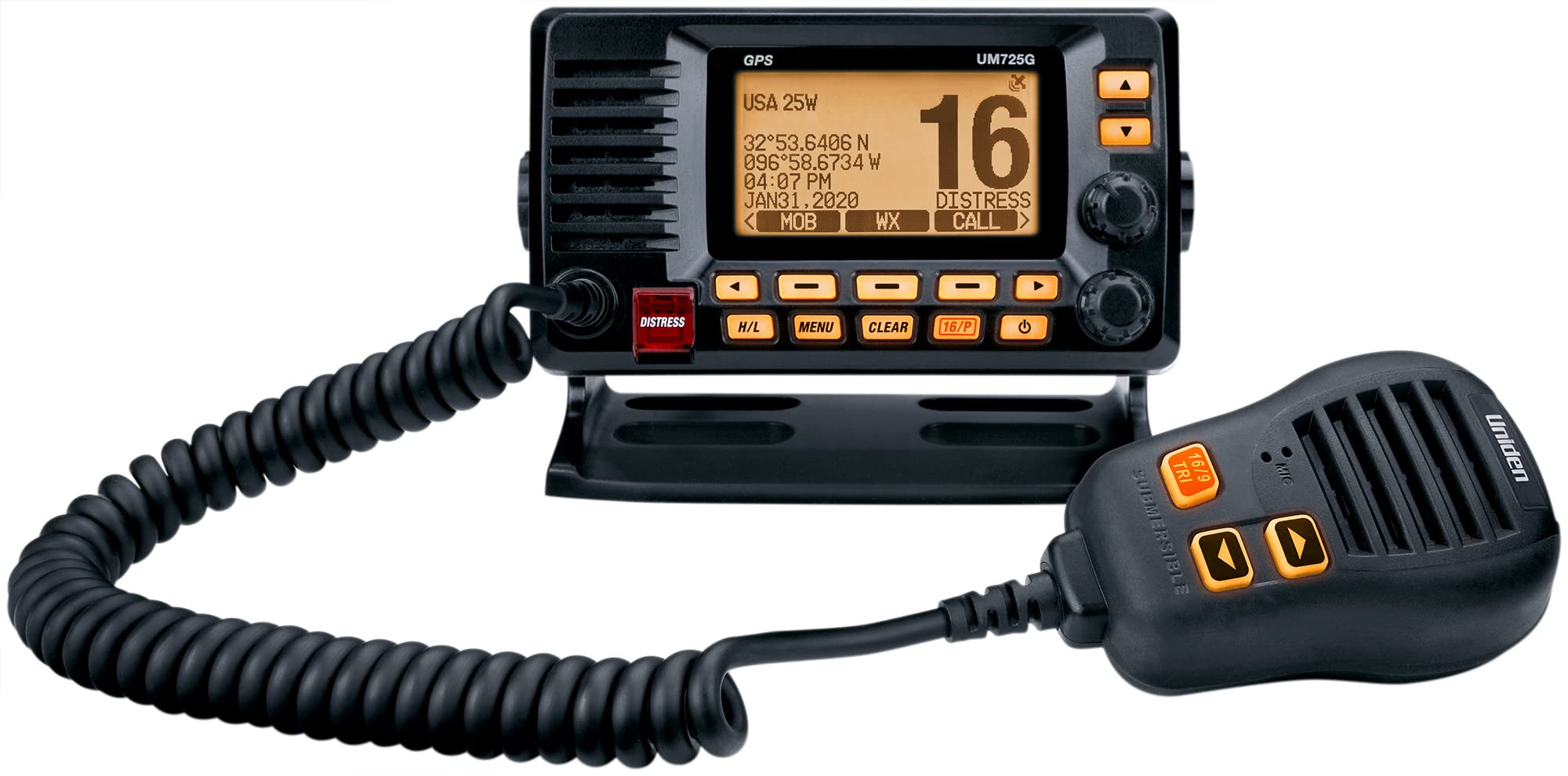 Marine VHF Radio Uniden UM725GBK, All USA, Canada, and Intl. Marine Channels, 1Watt/25Watt Transmit Power, Largest LCD Screen in Class, NOAA Weather Channels w/Alerts, Speaker Mic, GPS Built-in.