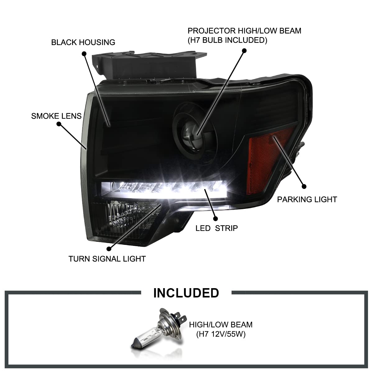 Black Smoke SPEC-D TUNING Projector Headlights w/LED Compatible with 2009-2014 Ford F-150, Left + Right Pair Headlamps Assembly