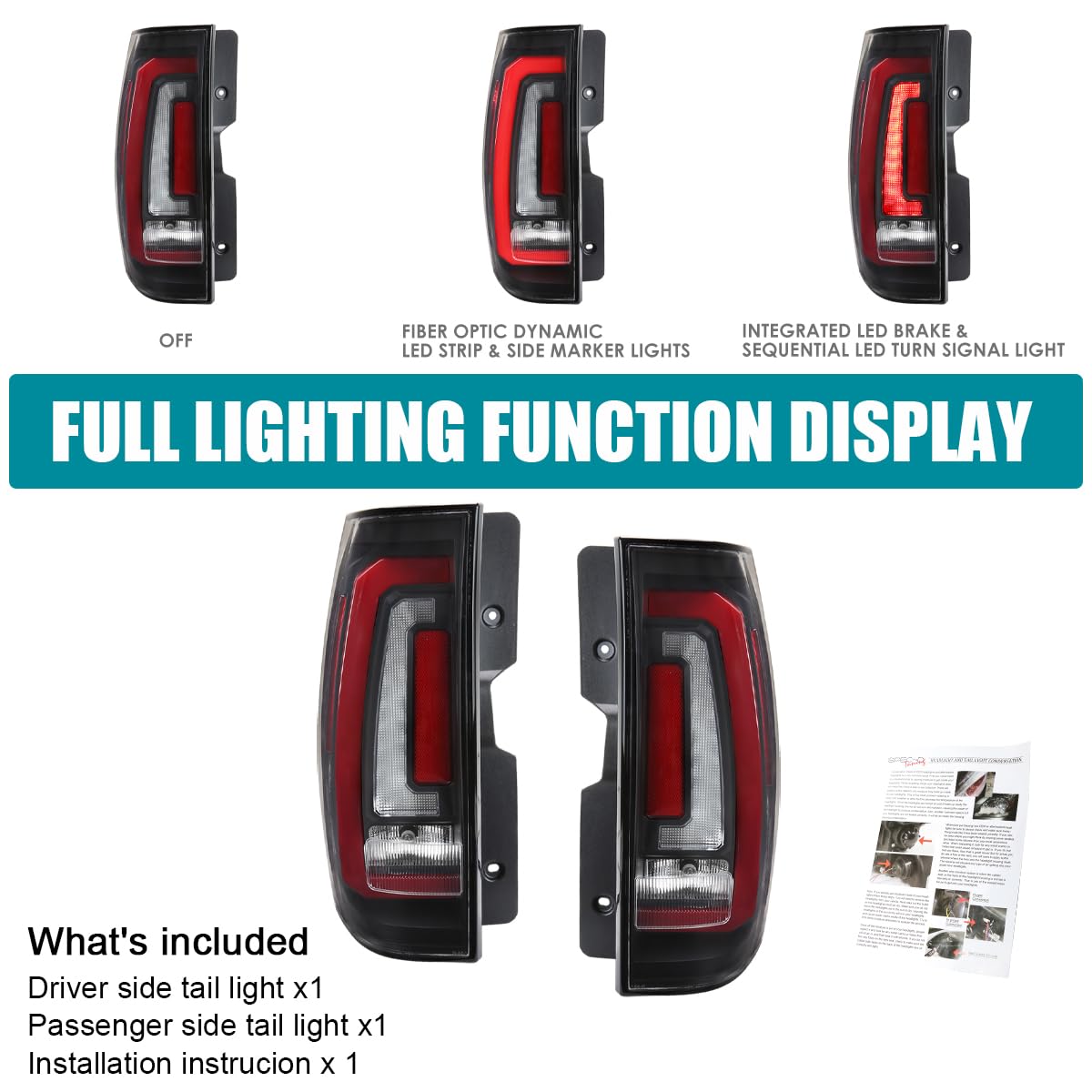 Matte Black SPEC-D TUNING Tail Lights w/Red LED Sequential Turn Signals and Startup Animation Compatible with 2007-2014 Chevy Tahoe, Suburban, GMC Yukon/Denali/XL, Left + Right Pair Assembly
