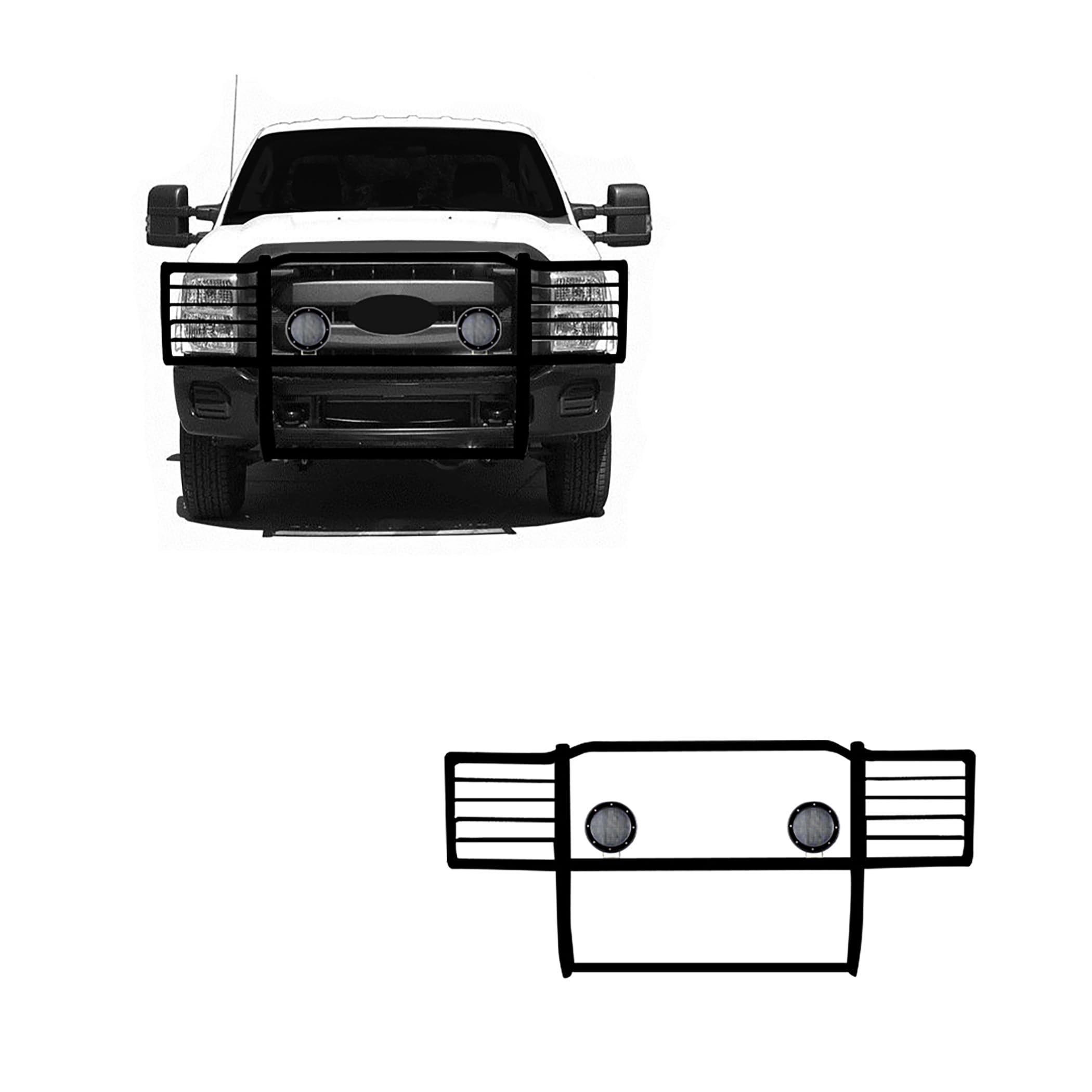 Bumper Guard Black Horse Grille Brush Modular Come with Pair of 5.3" LED Lights with Black Trim Rings Compatible with 2011-2016 Ford F-250/Ford F-350/Ford F-450/F-550 Super Duty-17FB26MA-PLFB