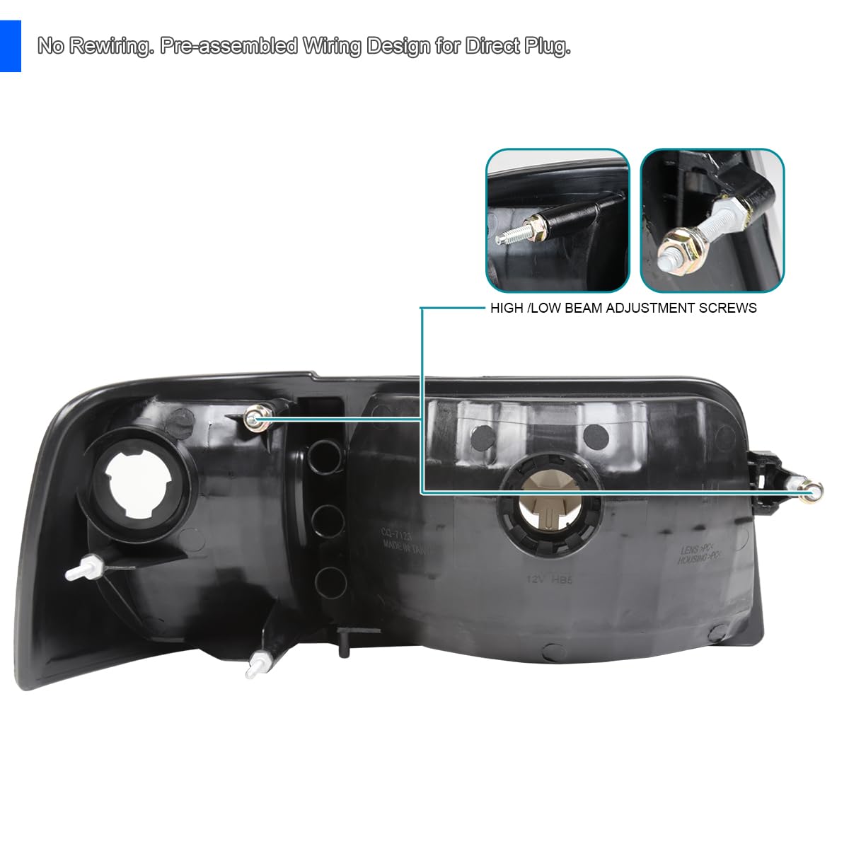 Chrome Housing SPEC-D TUNING Clear Lens 1PC Style Headlights Compatible with 1993-1997 Ford Ranger L+R Pair Head Light Lamp Assembly