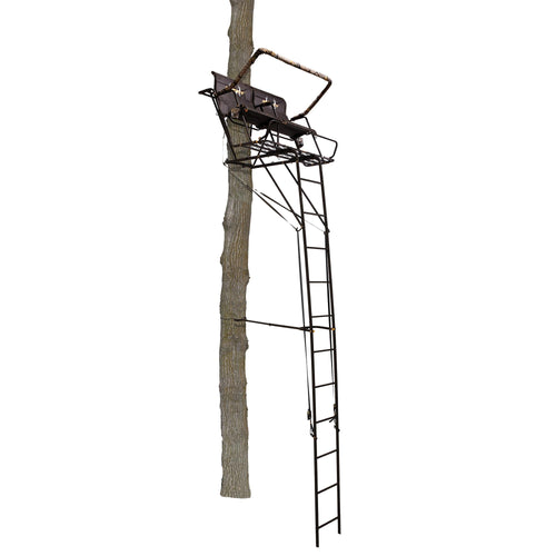 Muddy 2.5 Boss Stronghold Deer Hunting 18 Foot 2 Person Ladderstand Tree Stand with Lumbar Seat and Expanded D Force Metal Platform