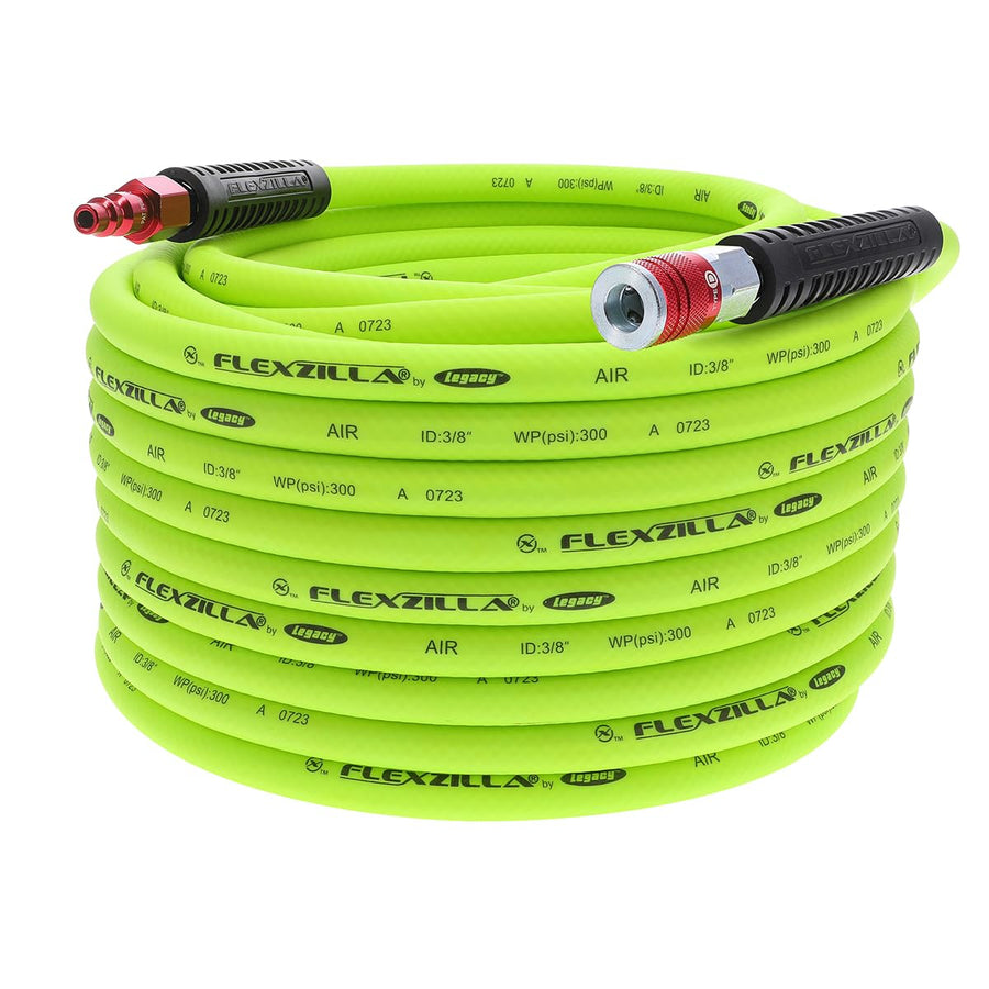 Air Hose Flexzilla with ColorConnex Industrial Type D Coupler and Plug, 3/8 in. x 100 ft., Heavy Duty, Lightweight, Hybrid, ZillaGreen - HFZ38100YW2-D