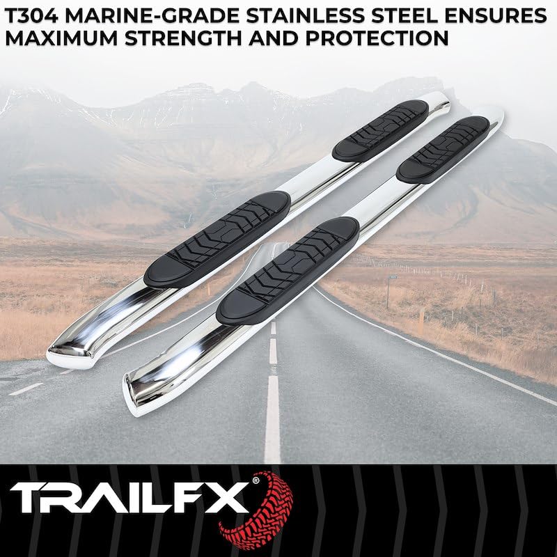 Truck Running Boards TrailFX A7073S Fits Chevrolet Colorado Extended Cab 2015-2022 Oval 5 Inch Bent Side Bars with Step Pads Polished Stainless Steel Welded End Caps Rocker Panel Mount