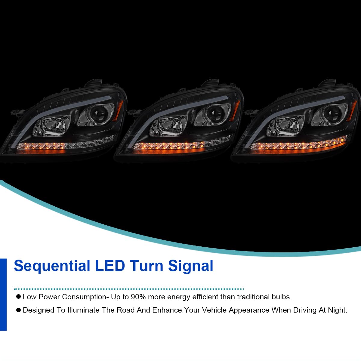 Black Projector Headlights w/LED Sequential Signal SPEC-D TUNING Compatible with 2006-2008 Mercedes Benz W164 ML350 ML500 ML-Class, Left + Right Pair Headlamps Assembly