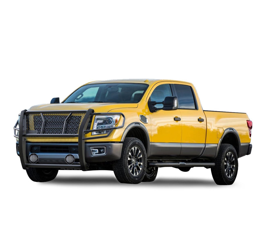 Heavy Duty Black Horse Rugged Grille Brush Bumper Guard Modular Black Come with Pair of 5.3" Dia.LED Lights with Black Trim Rings Compatible with 2017-2024 Nissan Titan XD-RU-NIXD16-B-PLFB
