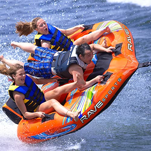 RAVE Sports Inflatable Warrior X3 Towable Tube, 1-3 Riders, Two Hammock-Style Seats with Backrests, Middle Rider Lying Down, Durable Nylon Cover, Neoprene Padding, Boat Towables-Tubes