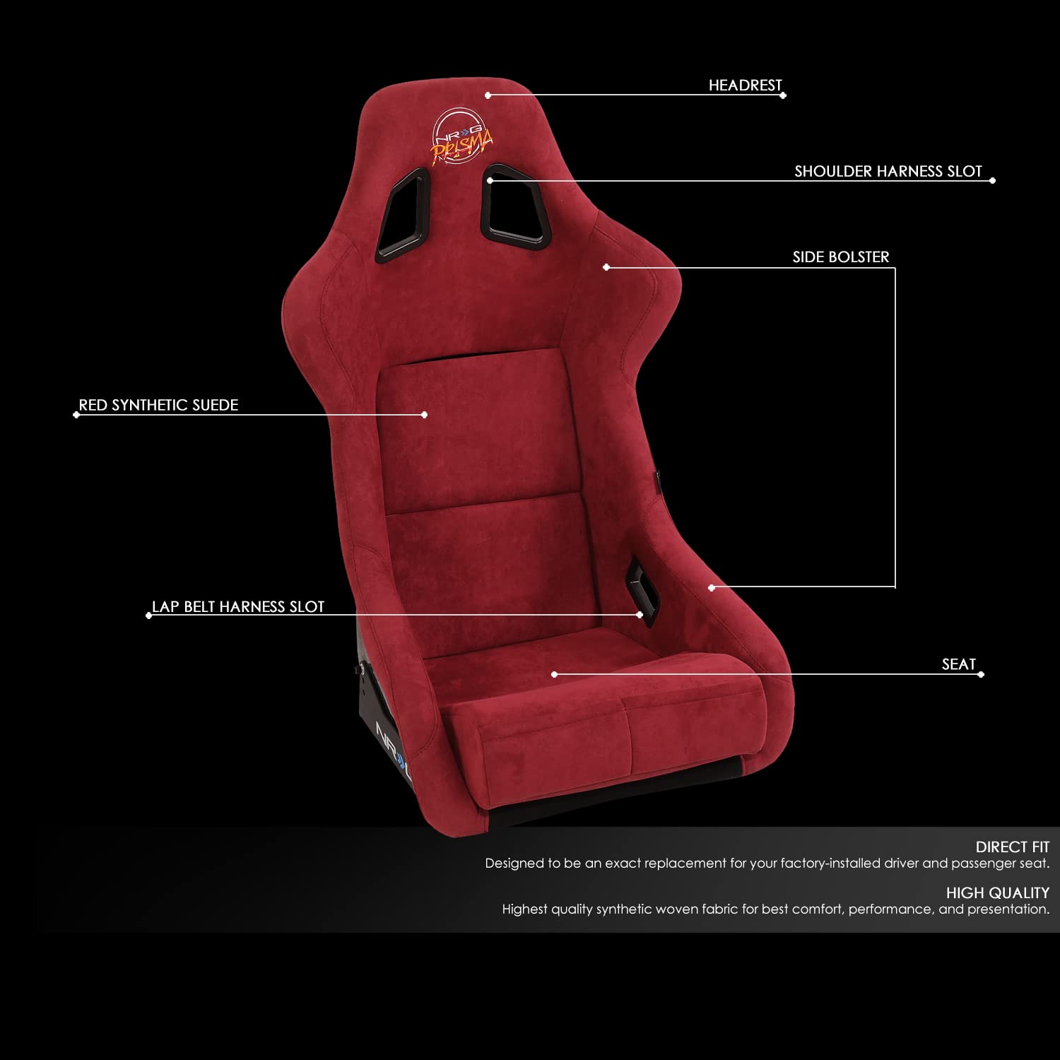 NRG Innovations Universal Fixed Back NRG-FRP-302MAR-PRISMA Bucket Racing Seat for 5-Point Harnesses, Size L, Maroon Alcantara Material, 24" W X 35" H X 18" D