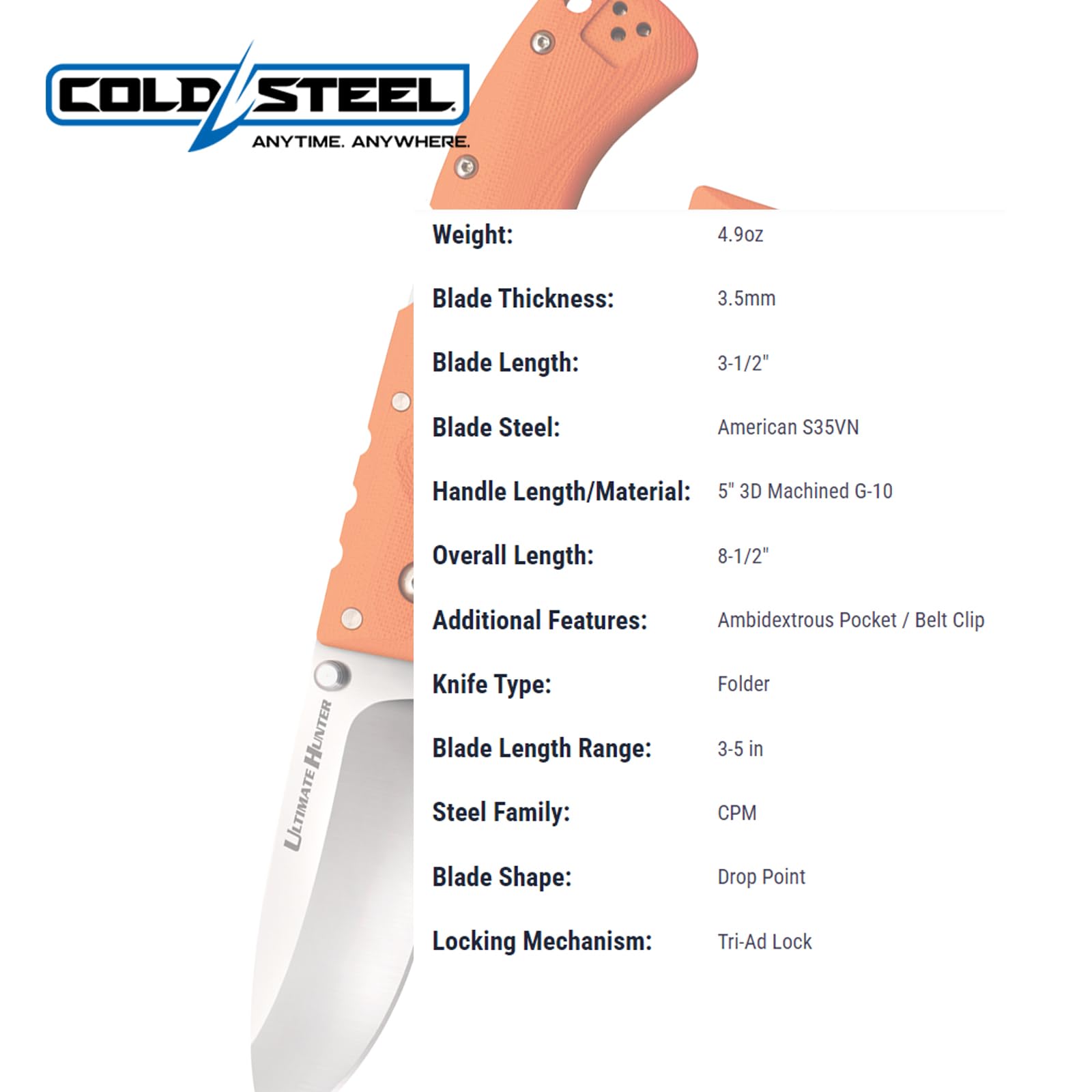 Cold Steel 3.5" Ultimate Hunter S35VN Razor-Sharp Blade 5" G-10 Easy-to-Grip Black Handle Hunting Folding Knife with Tri-Ad Locking Mechanism