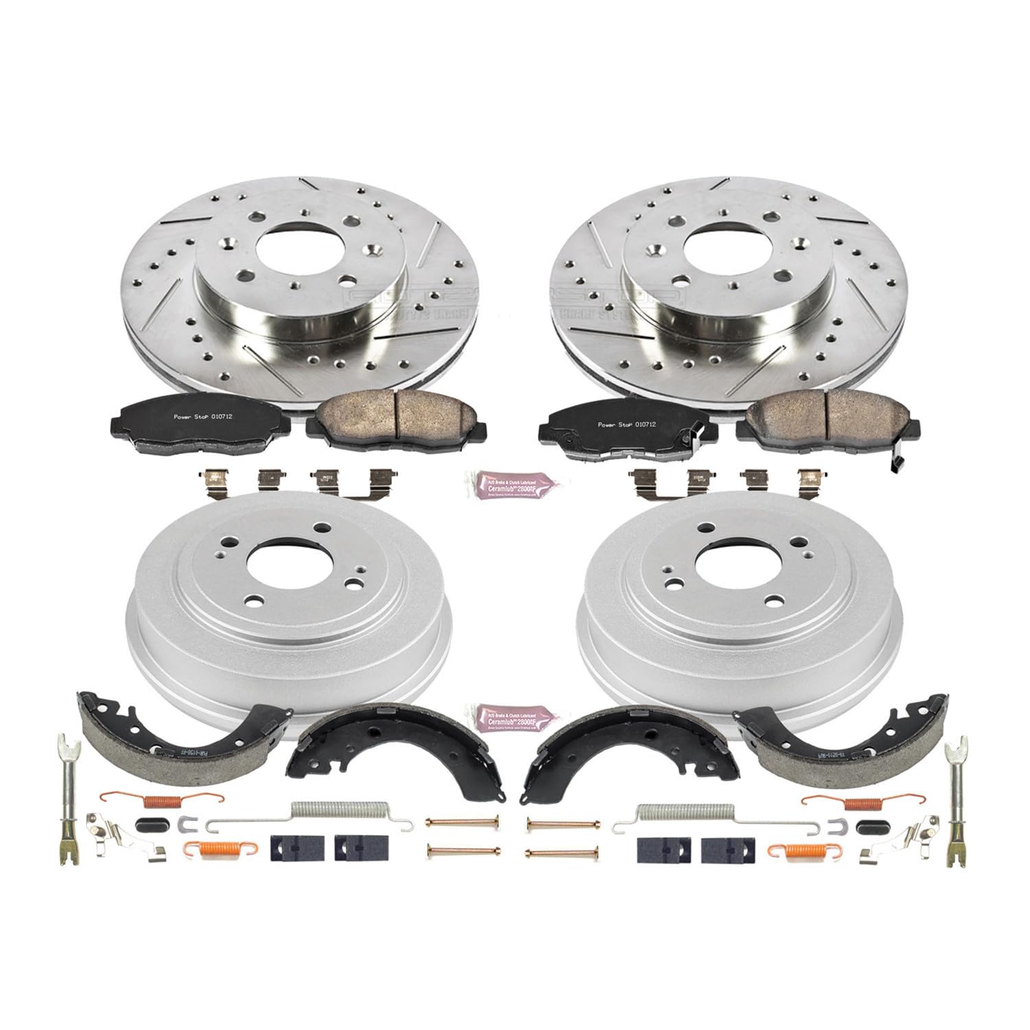 Power Stop K15086DK Z23 Carbon Fiber Brake Pads Front and Rear with Drilled & Slotted Brake Drums Kit For Honda Civic 1996-2001 [Model Specific]