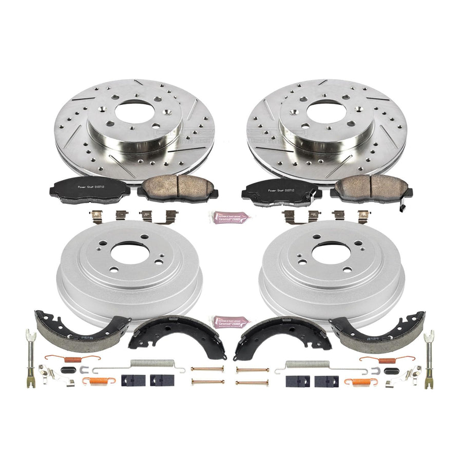 Power Stop K15086DK Z23 Carbon Fiber Brake Pads Front and Rear with Drilled & Slotted Brake Drums Kit For Honda Civic 1996-2001 [Model Specific]