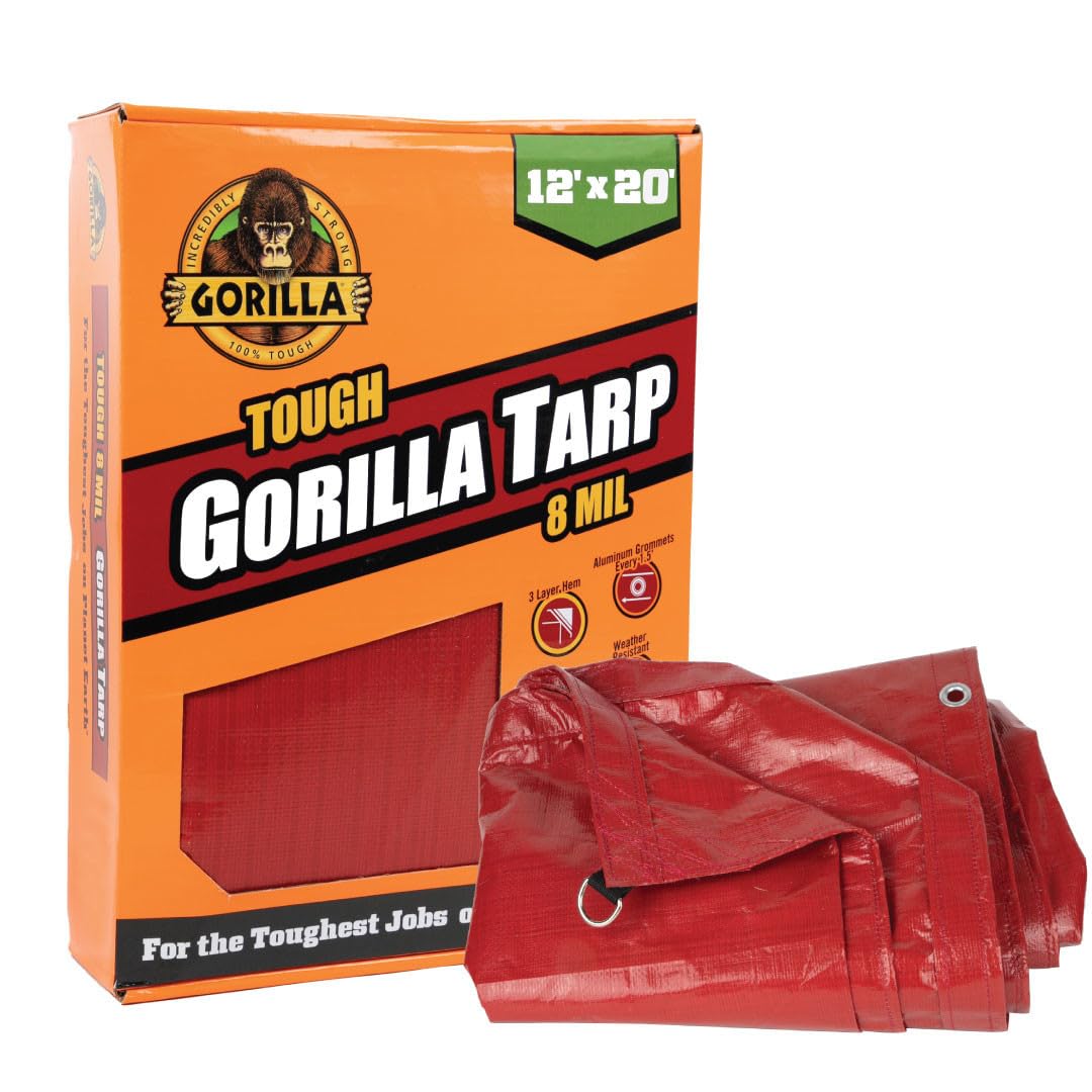 Gorilla Tough Tarp Heavy-Duty 12 ft x 20 ft Waterproof Polyethylene, 8 mil Thick, UV Treated with Reinforced Edges & Aluminum Grommets - Durable Outdoor Tarp for Camping, Gardening, Construction