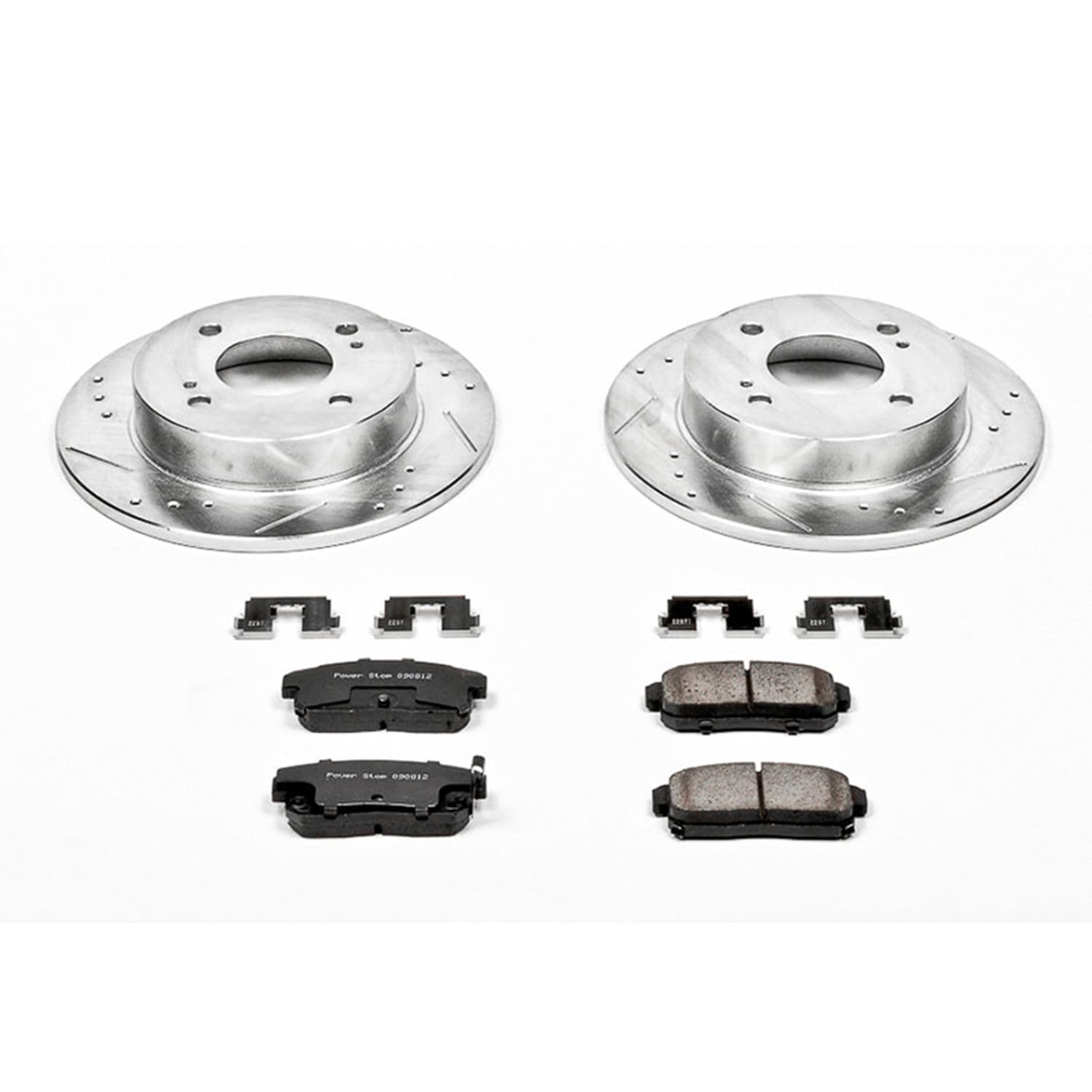 Rear Power Stop K741 Z23 Carbon Fiber Brake Pads with Drilled & Slotted Brake Rotors Kit For INFINITI G20 2001-2002, Nissan Sentra 2001-2006 [Model Specific]