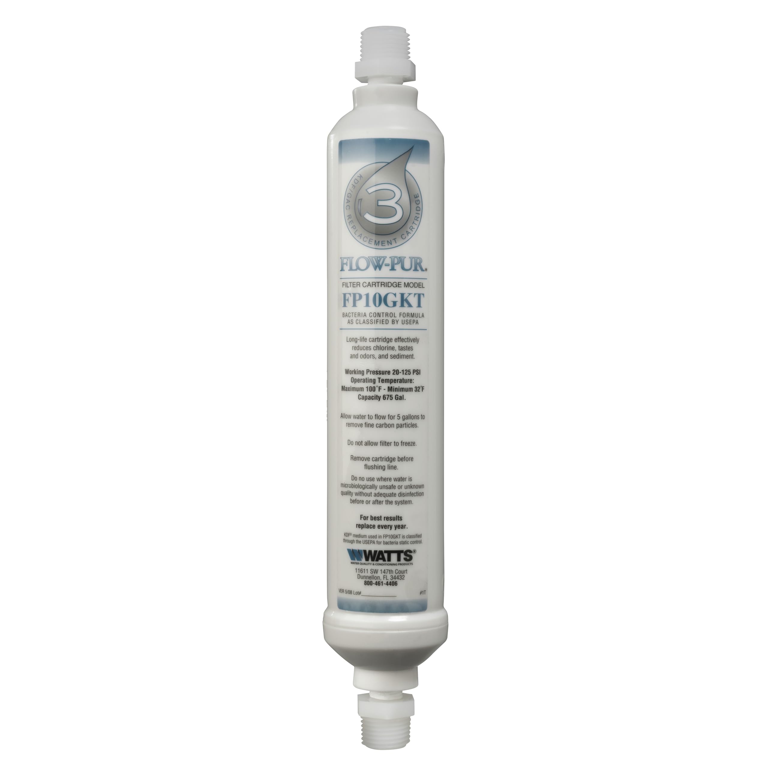 GAC/KDF Flow-Pur RV 10" Inline Replacement Filter, 1/2 in MPT Threaded Fittings, Ideal for RC or Camper, Inhibit Scale, Provide Better Taste, Stop Unwanted Materials