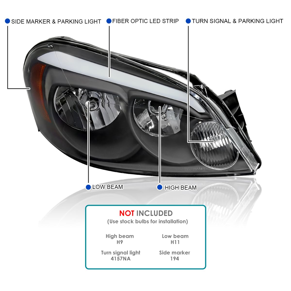 Black Headlights w/LED Strip SPEC-D TUNING Compatible with 2006-2013 Chevy Impala, 2006-2007 Monte Carlo, Left + Right Pair Headlamps Assembly