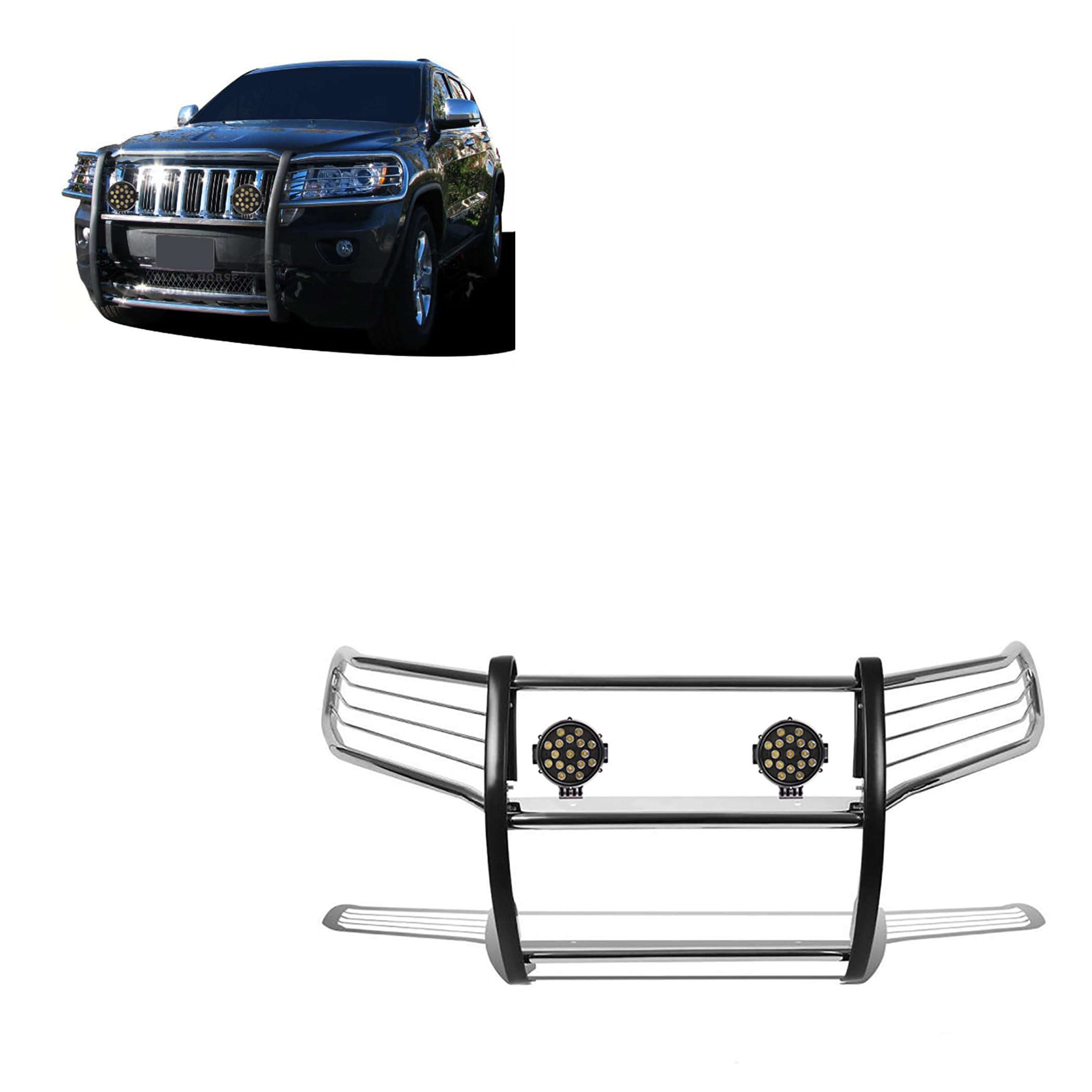 Bumper Guard Modular Black Horse Grille brush Stainless Steel Come With pair of 7.0"Dia.LED Lights with Black Trim Rings Compatible with 2011-2021 Jeep Grand Cherokee-17A080202MSS-PLB