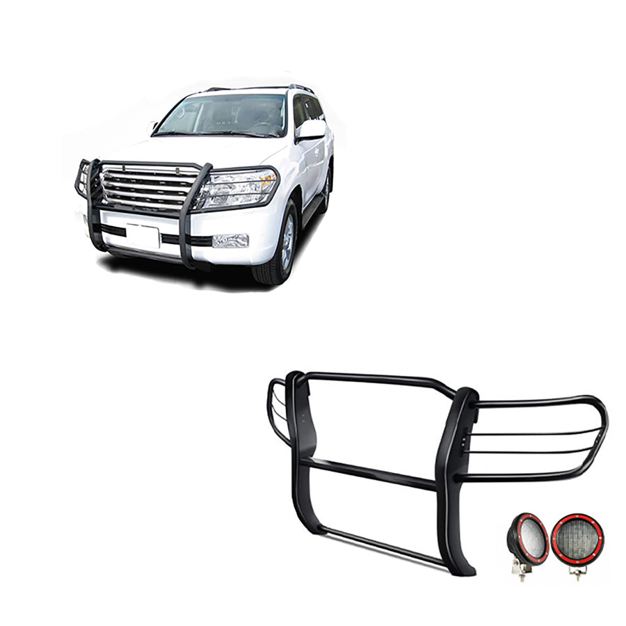 Bumper Guard Black Horse Grille Brush Modular Black Come with Pair of 5.3" Dia.LED Lights with Red Trim Rings Compatible with 1998-2007 Toyota Land Cruiser-17SG598MA-PLFR