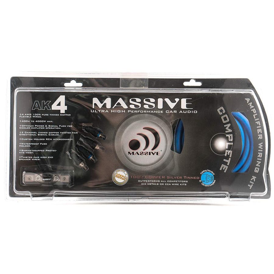 4 AWG Massive Audio AK4 | Amplifier Installation Wiring Kit - Premium Power & Ground Cables with Fuse Holder for Car Audio Systems