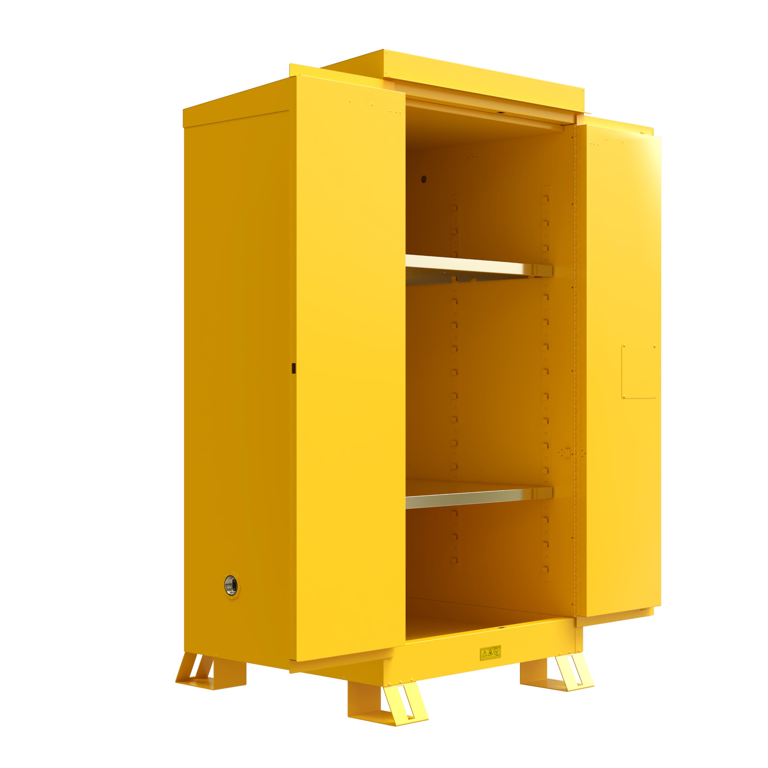 Justrite Outdoor Reinforced Steel Flammable Liquid Storage Cabinet, 2 Shelves with 350 lb. Capacity, 2 Manual-Close Door Fire Cabinet, 60 Gallon, 72" x 34" x 38", Made in The USA, Yellow, 816000