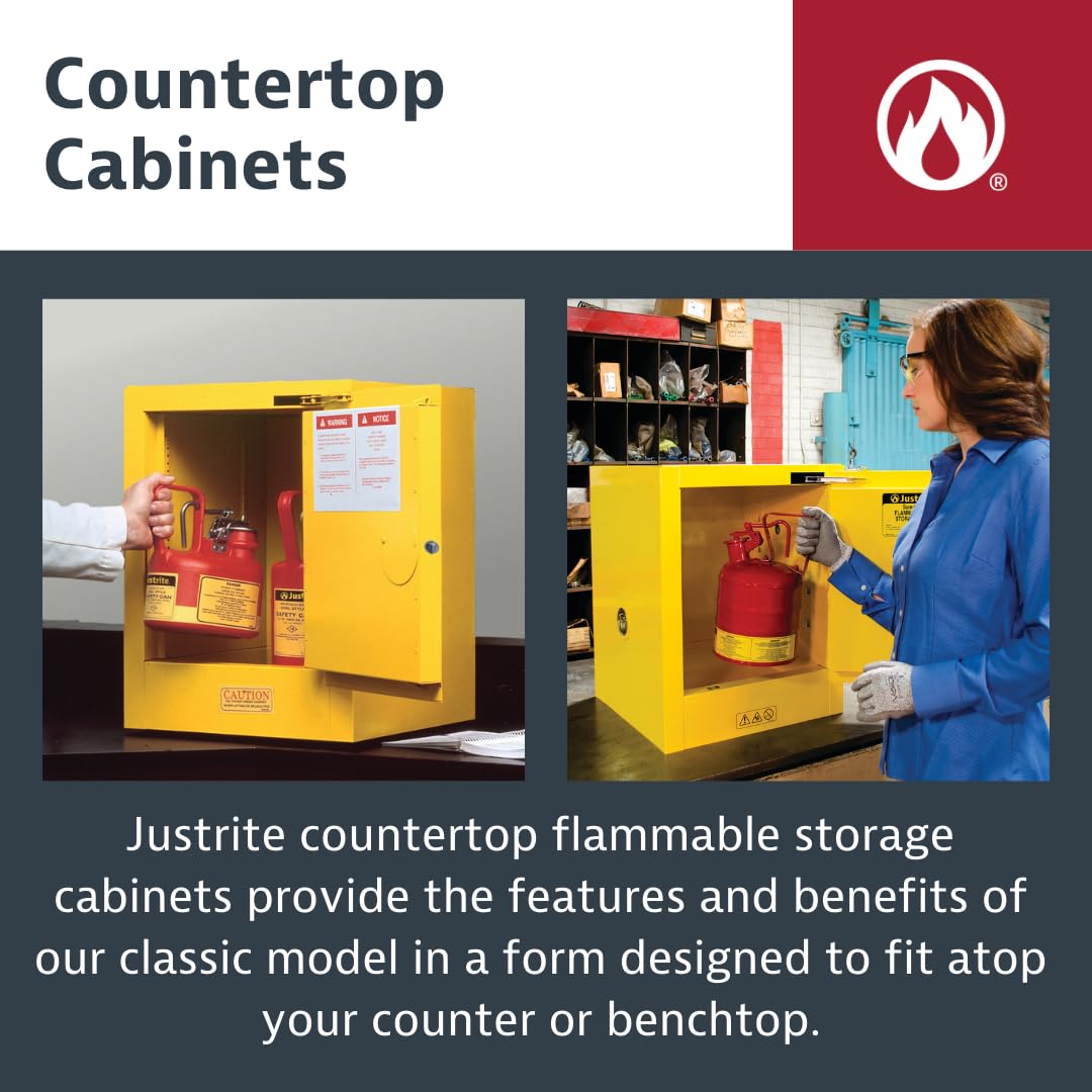 Justrite 15 Gallon Flammable Storage Cabinet Self Close Countertop, 18 Gauge Steel, 1 Shelf, 1 Door Fire Cabinet, 44" x 23" x 18", Made in The USA, Red, 891521