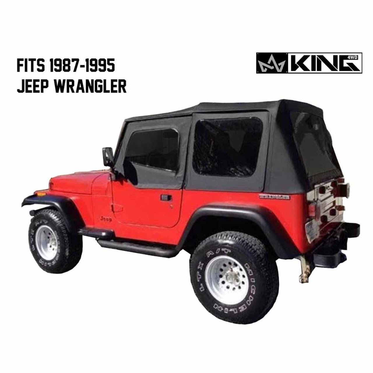4WD King Premium Replacement Soft Top in Black Diamond Material with Clear Upper Doors and 31% Tinted Windows Suitable for Jeep Wrangler YJ 1987-1995
