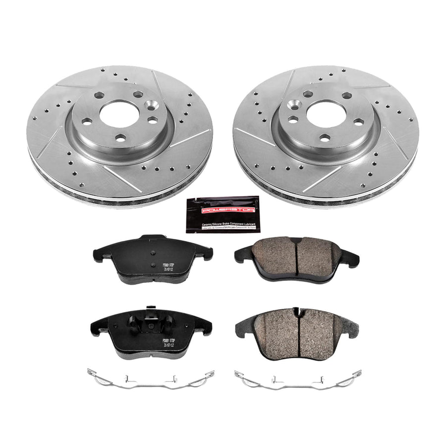 Power Stop K5608 Z23 Carbon Fiber Brake Pads with Drilled & Slotted Brake Rotors Kit For Land Rover Range Rover Evoque, Volvo S60, Volvo S80, Volvo V70 [Model Specific]