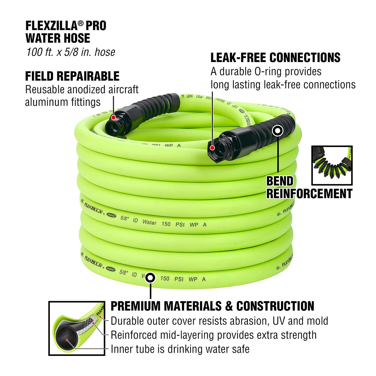 Flexzilla Pro Water Hose with Reusable Fittings 100 Feet | All Weather Flexibility | Leak Free Connections | Under Pressure Won't Kink | Lightweight