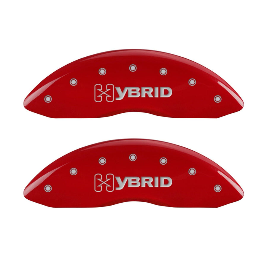 GM Hybrid Logo Type MGP Caliper Covers 34004SHYBRD with Red Powder Coat Finish and Silver Characters, (Set of 4)