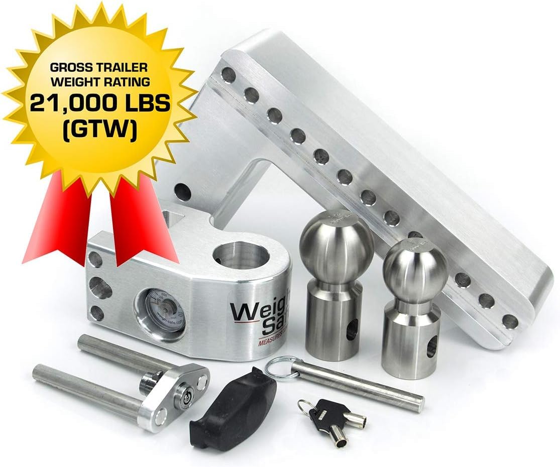 Weigh Safe Adjustable Trailer Hitch Ball Mount - 3" Receiver for 10" Adjustable Drop Hitch - Premium Heavy Duty Aluminum Trailer Tow Hitch with Built in Weight Scale for Anti Sway - 21,000 lbs GTW