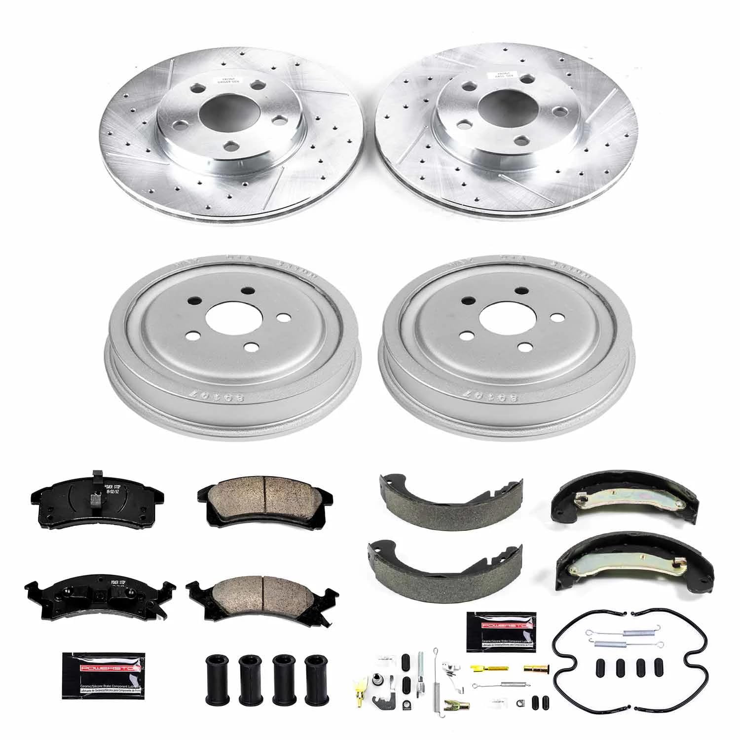 Power Stop K15221DK Z23 Carbon Fiber Brake Pads Front and Rear with Drilled & Slotted Brake Drums Kit For Chevrolet Cavalier 2003-2005, Pontiac Sunfire 2003-2005 [Model Specific]