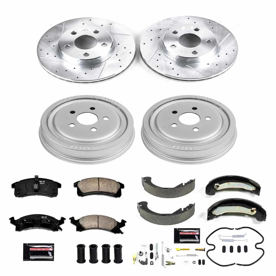 Power Stop K15221DK Z23 Carbon Fiber Brake Pads Front and Rear with Drilled & Slotted Brake Drums Kit For Chevrolet Cavalier 2003-2005, Pontiac Sunfire 2003-2005 [Model Specific]