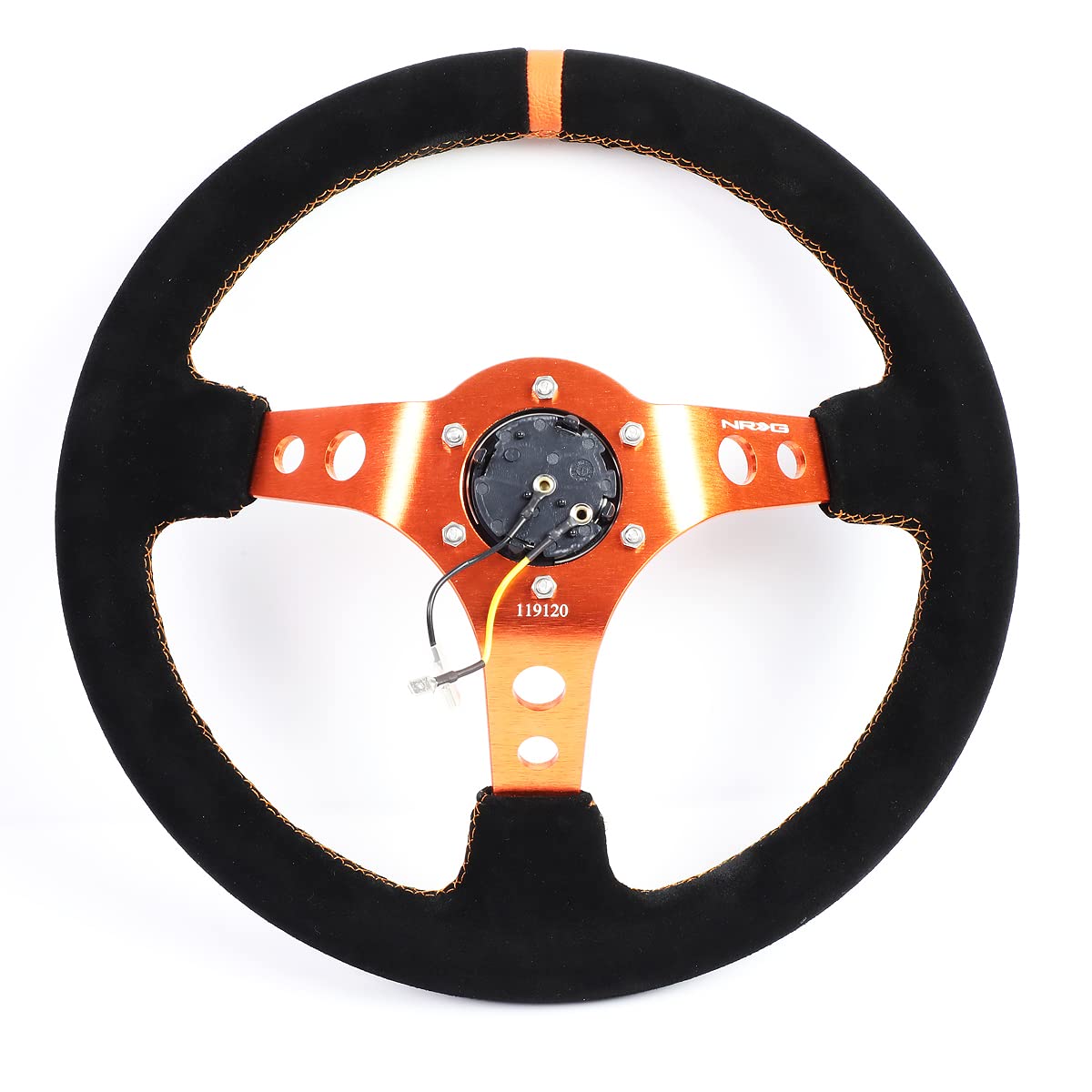 NRG Innovations Reinforced Steering Wheel NRG-RST-006S-OR 350MM Sport Steering Wheel (3" Deep), Black Suede Orange Center Mark with Orange stitching and Orange Center Spoke