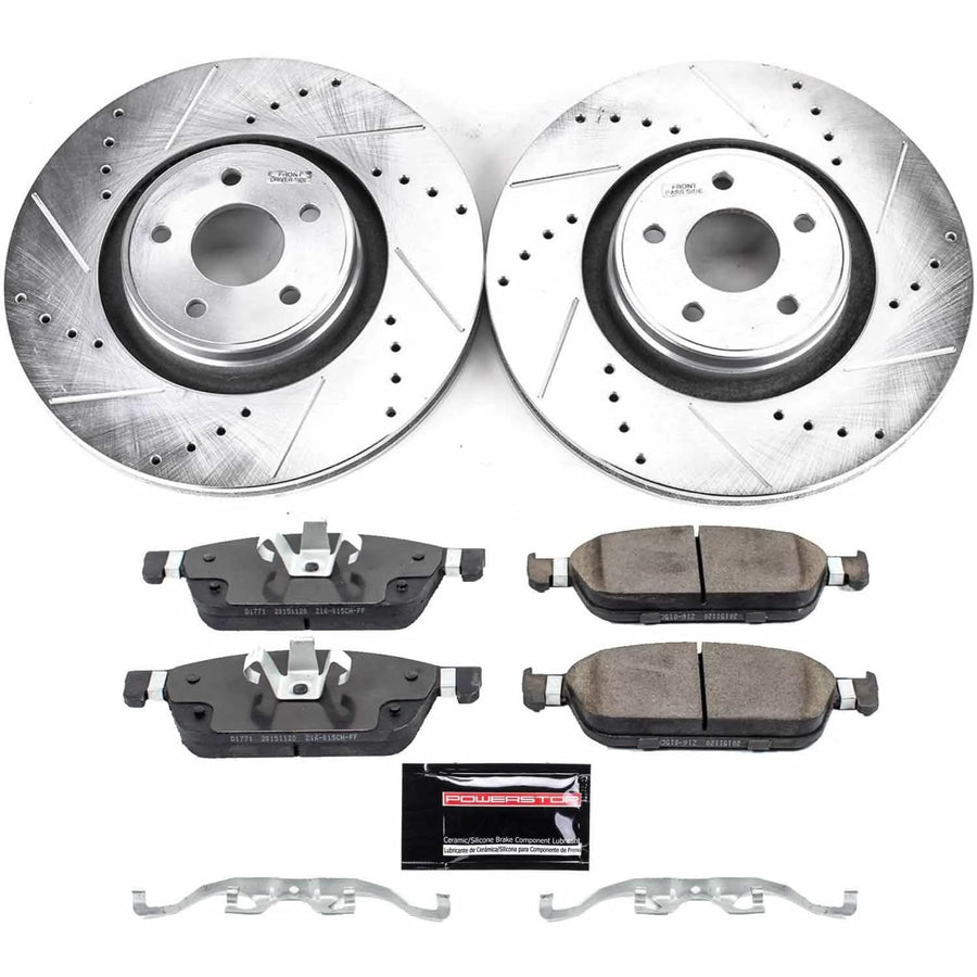 Power Stop K7147 Z23 Carbon Fiber Brake Pads Front with Drilled & Slotted Brake Rotors Kit For Ford Focus 2015-2018, Lincoln MKC 2015-2019 [Model Specific]