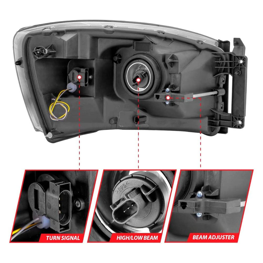 06-09 Dodge RAM 1500/2500/3500 ANZO USA Aridex Headlights Chrome Housing/Clear Lens (w/Switchback Light Bars) (111527)