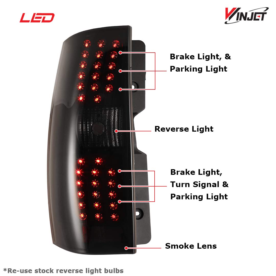 Winjet Replacement OE Style Brake Tail Lights Set for 2007-2014 Chevy Tahoe/Suburban [2007 2008 2009 2010 2011 2012 2013 2014 Chevy Suburban/Tahoe] LED Taillights Assemblies Driver and Passenger Side